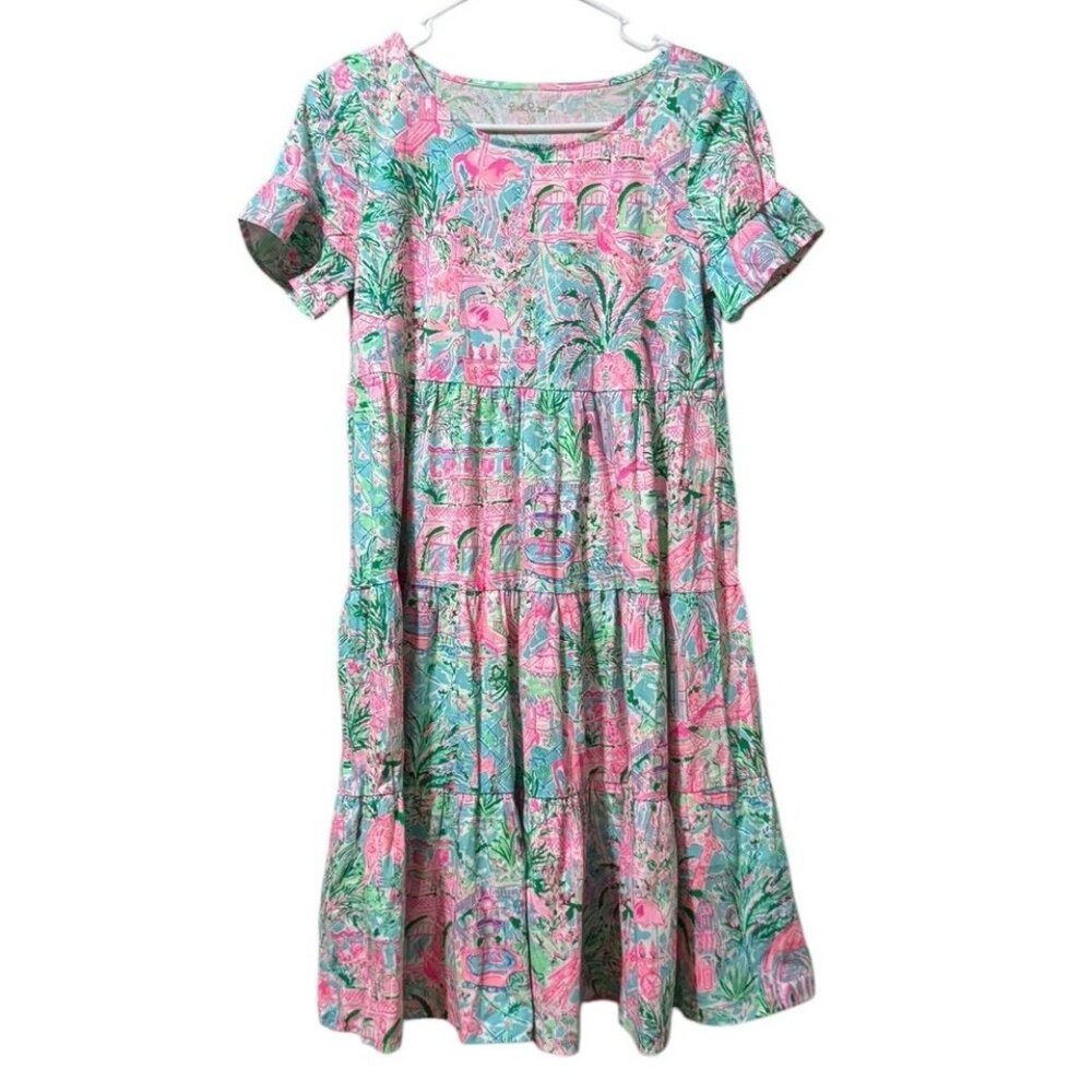 Lilly Pulitzer Women Size XS Pink Flamingo Tiered Short Sleeve Dress Cotton City